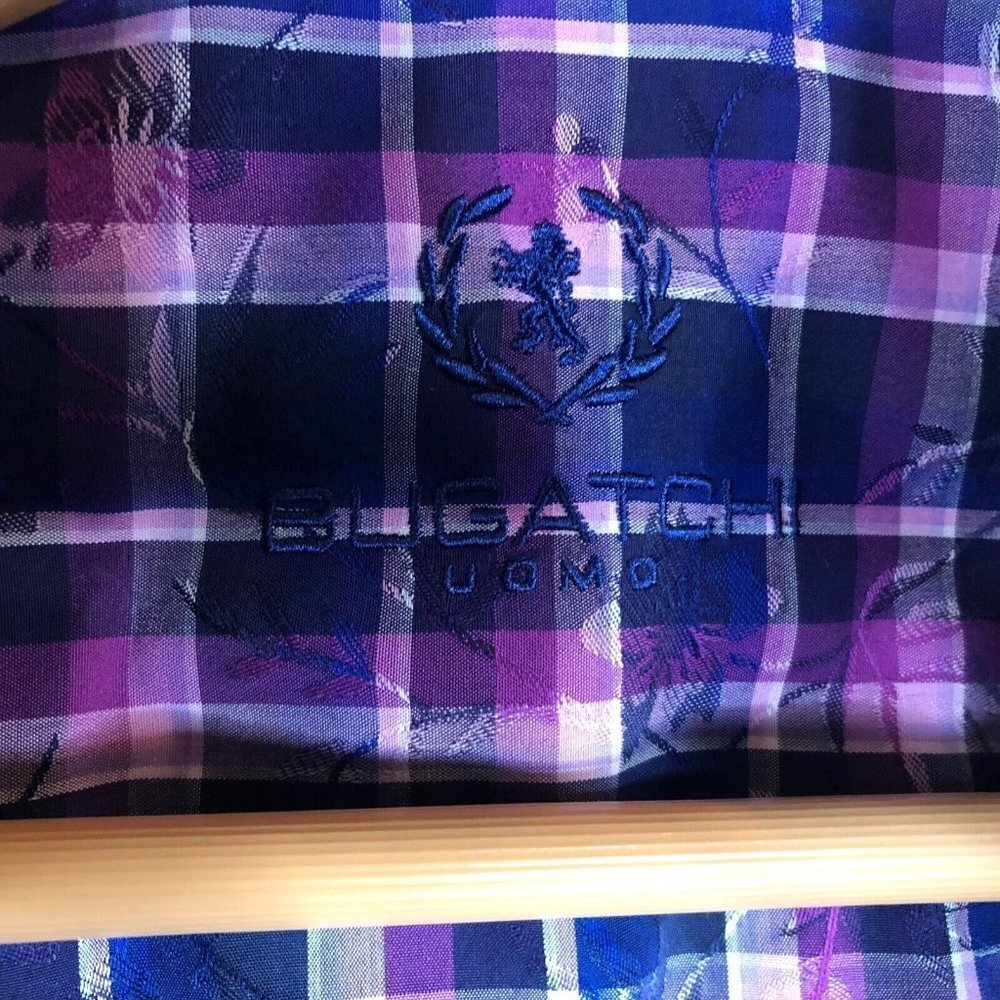 Bugatchi‎ Classic Fit Purple Blue Plaid Long Sleeve Cotton Dress Shirt 15.5 / 36 - Picture 9 of 12
